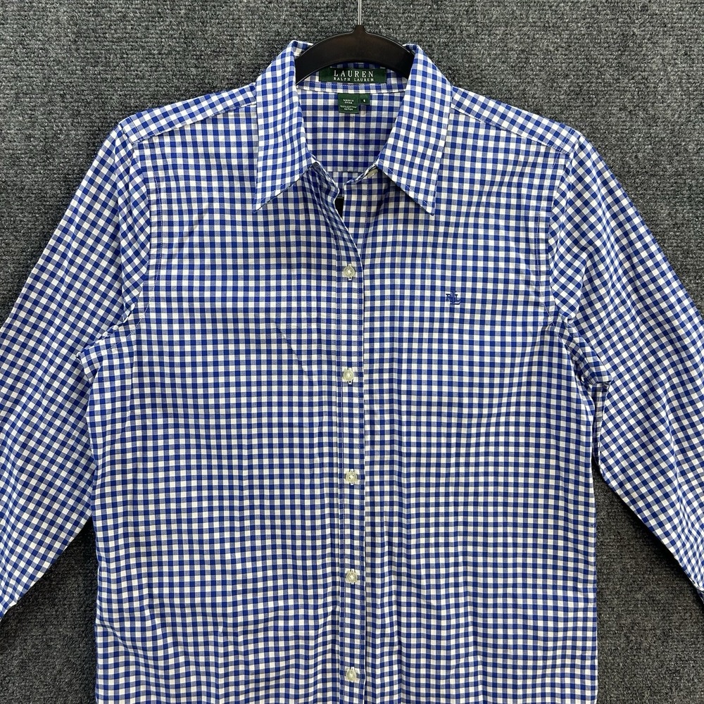 Lauren Ralph Lauren Button Down Womens S Blue Gingham Cotton 3/4 Sleeves Casual